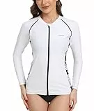 SURFEASY Damen Rash Guard Full Zip Langarm UV Shirt Schnelltrocknend Sonnenschutz UPF50+ Surf Schwimmen Bademode (Weiß/Blumen,M)