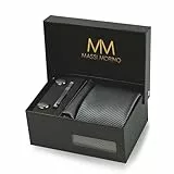 Massi Morino Krawatte Grau Gestreift mit Einstecktuch Set Herren inkl. Manschettenknöpfe, Krawattennadel und Geschenkbox | Männer Krawattenset zur Hochzeit
