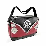 BRISA VW Collection - Große Unisex Volkswagen Schulter-Umhänge-Reise-Tasche-Freizeit-Bag mit T1 Bulli Bus Motiv (Bus Front/Schwarz/34cm)