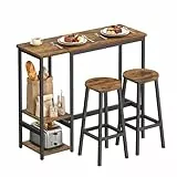 VASAGLE Bartisch mit 2 Barstühlen, Esszimmermöbel-Set, Essgruppe, mit Aufbewahrungsregal, für Wohnzimmer, Küche, Metallrahmen, einfache Montage, vintagebraun-schwarz LBT220KD01