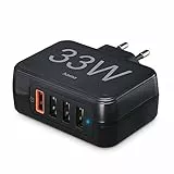 Hama 4-Fach USB-Ladegerät mehrfach USB-A 33 W (USB-Schnellladegerät Qualcomm® Quick Charge™ 3.0, USB-Adapter Steckdose, 4 Port Ladegerät für iPhone u.v.m., Handy-Ladestation mehrere Geräte) schwarz