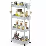 Ronlap Rollwagen Küchewagen mit 4 Ebenen, Servierwagen mit Aufhängebecher, Separator, Haken, Regal auf Rollen für Küche, Schlafzimmer, Büro, Grau