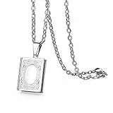JewelryWe Schmuck Edelstahl Foto Medaillon zum Öffnen Photo Bilder Amulett Silber Quadrat Quadratisch Book Buch Anhänger Halskette Kette für Herren Damen - Kostenlose Gravur