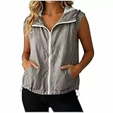 Generisch Weste Damen Sommer Jacke Leicht Sommerweste Ärmellose Sommerjacke mit Kapuze Damenwesten Stehkragen Sportweste Outdoor Sportjacke Dünne Kapuzenjacke Grau XL
