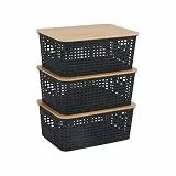 Relaxdays Aufbewahrungsbox, 3er Set, mit Deckel, Kunststoff & Bambus, Griffe, HBT: 10,5x25,5x18 cm, Organizer, schwarz