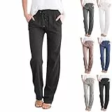 Damen Sommerhose Leicht Freizeithose Frauen Loose Fit Sweathose Straight Bein Hose Leinenhose Lange Loose Mädchen Casual Strandhose Strand Hosen Lässige Stoffhose Jogginghose Yogahose Schwarz S