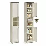 SONGMICS HOME Badezimmerschrank, superschnelle werkzeuglose Montage, Toolless-Technologie, Badschrank schmal, verstellbare Ablagen, Wohnzimmer, Flur, 30 x 30 x 170 cm, vintageweiß BBC667WJ01