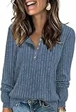 Tanmolo Damen Leichte Strickpullover Langarm Henley Shirt Herbst lässig Rundhals-Knöpfe Elegant Sweatshirt Tunika Tops Denim-blau, M
