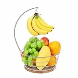Livabber Arbeitsplatte Obstkorb Schüssel mit Bananenaufhänger, moderne stehende Obst-Gemüseschale Aufbewahrung, mit Bananenbaumhalter für Küche Esstisch (rundes Holz, Chrom)