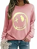 WIEIYM Damen Sweatshirt Langarmshirt Drucken Rundhals Pullover Herbst Winter Bluse Tops Weihnacht Pullover Casual Christmas Sweat Oberteile,Kirschblüte Rosa,XXL