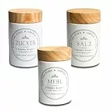 KHG mehl zucker salz aufbewahrung set vorratsdosen behälter Kapazität je 1 Liter Küchen Aufbewahrung Steingut Keramik Weiß Holzdeckel Bambus Landhaus Vintage Stil luftdicht beschriftet glänzend