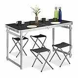 Relaxdays Campingtisch Set, klappbar, 4 Stühle, Klapptisch Camping, höhenverstellbar, 120 x 60 cm, Alu, MDF, Silber/grau