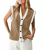 Saodimallsu Damen Ärmellos Weste Stricken V Ausschnitt Knopf Oberteil Mode Lässig Lose Strickjacke Frauen Sommer Strickweste Khaki, S