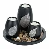 Relaxdays Teelichthalter Set mit Tablett & Steinen, Ø 19,5 cm, Tischdeko Wohn- & Esszimmer, Kerzenhalter, schwarz/braun