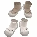 APOMOONS 2 Paar Baby Sockenschuhe, Rutschfeste Niedlicher Cartoon Weicher Stricken Babybodenschuhe Krabbelsocken Barfußschuhe Kinderschuhe für Baby Mädchen Junge, Weiß und Braun, Größe 21