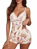 Avidlove Schlafanzug Damen Pyjama Set Spitzen Pyjamas Set Nachtwäsche Set Zweiteiliger mit Trägern Elastischer Bund Taschen Sleepwear PAT9XXL