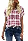GeGekoko Damen Kariert Bluse Kurzarm Oberteile Casual Lose V-Ausschnitt Hemdbluse zum Knöpfen Summer Tunika T-Shirt Tops