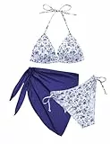 Svanco Cute Bikini Damen Set 3 Teilig mit Blumenmuster - Triangle Neckholder Oberteil, Unterteil Seitlicher Schnürung und Wrap Rock