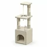 VOUNOT Kratzbaum Klein, Katzenbaum für Katzen, Stabil Katzenkratzbaum mit Plattform, Höhle, Sisal-Stämmen, Höhe 88 cm, Beige