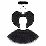Kinder Mädchen Engel Kostüm Engelsflügel Feder Flügel Heiligenschein Prinzessin Tutu Tüll Rock 3tlg Set Für Halloween Cosplay Weihnachten Fasching Karneval Christkind Masquerade Schwarz Engel