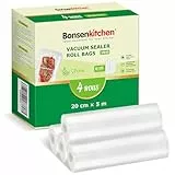Bonsenkitchen Vakuumrollen 4 Rollen 20cmx5m Vakuumierfolie - Profi Vakuumbeutel für Vakuumierer & Lebensmittel Vakuumiergerät, Kochfest und Sous Vide Gefrierbeutel, BPA-frei, VB40