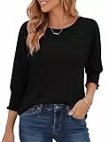 Aottori Bluse Damen Rundhals 3/4 Ärmel Oberteile Elegant Sommer Tops mit Puffärmel Baumwolle Tunika Locker Einfarbig Schwarz M