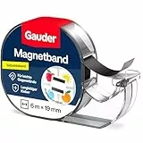 GAUDER Magnetband im Spender - Selbstklebender Magnetstreifen im Abroller für leichte Gegenstände - Zuschneidbares Magnetklebeband zum Befestigen von Postkarten & Fotos auf Metallflächen (6 m x 19 mm)