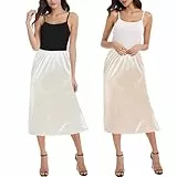 OBBUE 2pc Damen Petticoat Unterrock Lange Antistatisch Rock Satin für Unterkleider 27' White and Champagne Small