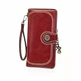 AfitLulu Geldbörse Damen Groß Geldbeutel Damen mit Abnehmbarem Armband und Retro Metall Anhänger, Portemonnaie Damen Leder Portmonee Damen Stilvoll mit Multikartenfach und ID-Fenster (Rot)