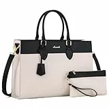 LOVEVOOK Laptoptasche Damen, 15,6 Zoll Handtasche Arbeitstasche Lehrertasche Groß, Wasserdicht Shopper Business Tasche Schultertaschen Aktentasche Umhängetasche Leder Tote Bag für Büro,Schwarz Beige