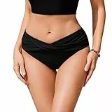 Ekouaer Damen Bikinihose V-Schnitt Ruched Bauchweg Badehose Bikini Unterteil Bademode Schwarz XL