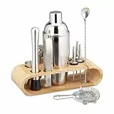 Relaxdays Cocktail Set, 11-teiliges Profi Bar Set, Ständer, Shaker, Barmaß, Ausgießer, Eiszange, Edelstahl, silber/natur, 25.5 x 27.5 x 10.5 cm
