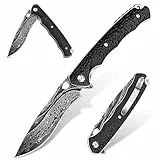 Freelander Damast Taschenmesser, Klappmesser Outdoor mit VG10 Damaststahl Klinge, Scharfes Einhandmesser, Edc Messer mit Ebenholzgriff, Taschenmesser damast für Sammlung, Geschenke zum Vatertag