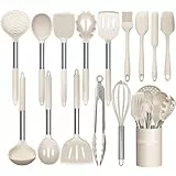 Umite Chef Küchenutensilien-Set, 15-teilig, Silikon, hitzebeständig, antihaftbeschichtet, BPA-frei, Edelstahl-Griff, Pfannenwender, Löffel, Zange, Schneebesen, Kochgeschirr