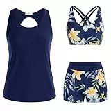 JASAMBAC Tankini Damen,Badeanzug Damen Bauchweg.3-Teiliger Bikini Set,Push-Up-Bikinioberteil Und High Waist Badeshorts, Einfache Badebekleidung, Sport-BadeanzüGe