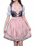 Abaowedding Dirndl Damen 3 Teilig Midi Trachtenkleid Trachtenmode Trachtenrock Dirndlkleid inkl. Spitzendirndlschürze Bluse und Schwarz-rosa Dirndl(L)