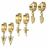 Aroncent Creolen Ohrringe Anhänger Set: 3 Paare Edelstahl mit Feder Kreuz Dreieck Verjüngung Ohrhänger Ohrstecker Huggie Ohrpiercing Ohrringeset Gold