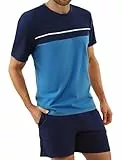 Bresdk Schlafanzug Herren Kurz Baumwolle Pyjama Set Sommer Zweiteiler Nachtwäsche mit Rundhals Oberteil und Schlafanzughose Hellblau XL