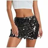 Pailletten Rock Glitzer Rock Damen Elastische Taille Glitzerrock mit Futter Damen Paillettenrock Glitzerrock Elastische Taille Midirock A-Linie Hüftrock Glitzernder Kurzrock Party (1-Black, XS)