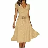 Damen-Sommerkleid, Wickelkleid, V-Ausschnitt, Taillenband, Boho-Druck, lässig, kurzärmelig, Maxikleid, Urlaub, Midi-Kleid, #04 Khaki, X-Groß