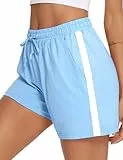 Litherday Shorts Damen Sportshorts Kurz Hosen Streifen Jogginghose Sommer Traininghose mit Taschen Elastischer Bund und Atmungsaktive Shorts zum Fitness, Running, Gym, Basketball, Himmelblau, S
