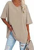 Ebifin Damen Oversize T Shirt mit V-Ausschnitt Kurzärmeliges Casual Lockere Basic Sommer Tee Shirts Bluse.Khaki.L