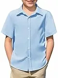 Haloumoning Jungen Hemd Sommer Kurzarm Shirt Kinder Einfarbig Freizeit Hemden Casual Basic Knopfleiste Oberteile Bügelleicht 5-14 Jahre, Hellblau, 9-10 Jahre
