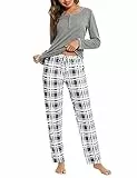 Litherday Schlafanzug Damen Lang Baumwolle Pyjama Kariert Nachtwäsche Winter Pyjama Set Zweiteiliger Rundhals Sleepwear