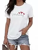 Gyabnw Damen Valentinstag T Shirt Herzprint Rundhalsausschnitt Tops Kurzarm Shirt Elegant Sommer Oberteil Weiß