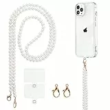 Knrlqim Handyband Universal, Handy Lanyard Chain Abnehmbare Handyband zum Umhängen, Kordel Kette für iPhone & meiste Smartphones mit 2 Stück Universelles Patch(ohne Hülle), Weiß Perlen