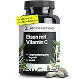 natural elements Eisen 20mg (aus Eisenbisglycinat) pro Kapsel – mit 42mg natürlichem Vitamin C – vegan, geschmacksneutral – 180 Kapseln – Premium-Rohstoff: FerrochelTM (Eisen-Chelat)