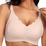 Ohne Bügel BH Damen, Push Up Seamless BH Comfort Soft Minimizer Bra Klassische Sport Bustier Mit Weicher Stütze, V-Ausschnitt, Gewellte, Nahtloser Bügelloser Tshirt Schlaf BHS Unterwäsche, Rosa L