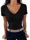 Totatuit Damen T-Shirt Sommer Kurzarm Tops Casual Basic Shirt Leichtes Oberteile Mit V-Ausschnitt Bluse Elegant Schwarz L