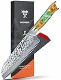 SANMUZUO 18 cm Santokumesser - Japanisches Kochmesser - Gehämmertem Damaststahl und Harz Griff - YAO Serie Damastmesser